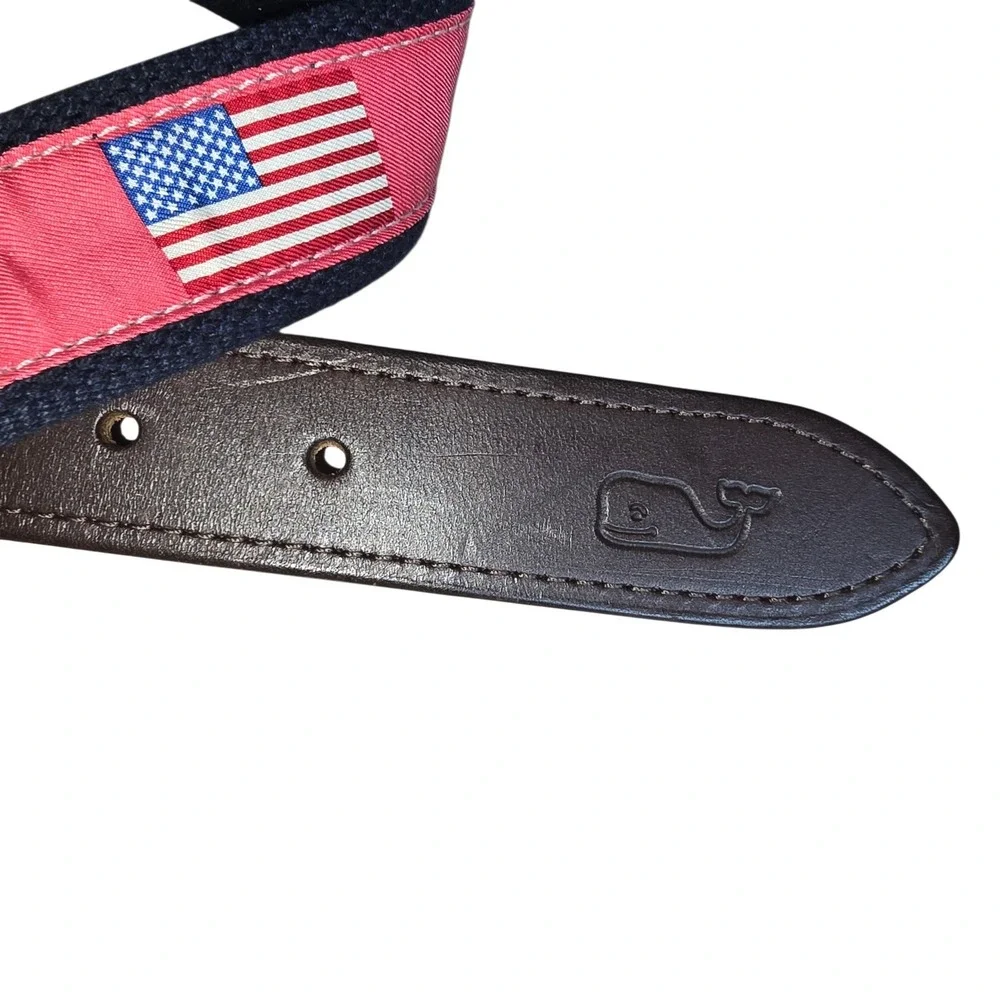Vineyard Vines Mens 30 Belt Navy Pink American Flag Canvas Leather Made in USA